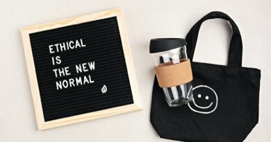 Ethical is the new normal letterboard text. Black organic cotton eco bag and reusable coffee cup
